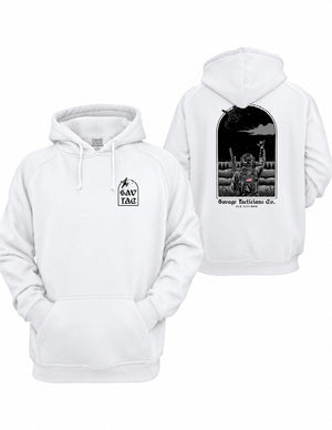 White CAS Graphic Hoodie by Savage Tacticians. Back print: a soldier in night-vision goggles with an American flag patch throwing the Shaka to an A-10 jet overhead presumed to have just provided Close Air Support inside an arched frame, Savage Tacticians Co. below; small matching Savage Tacticians logo on the left chest
