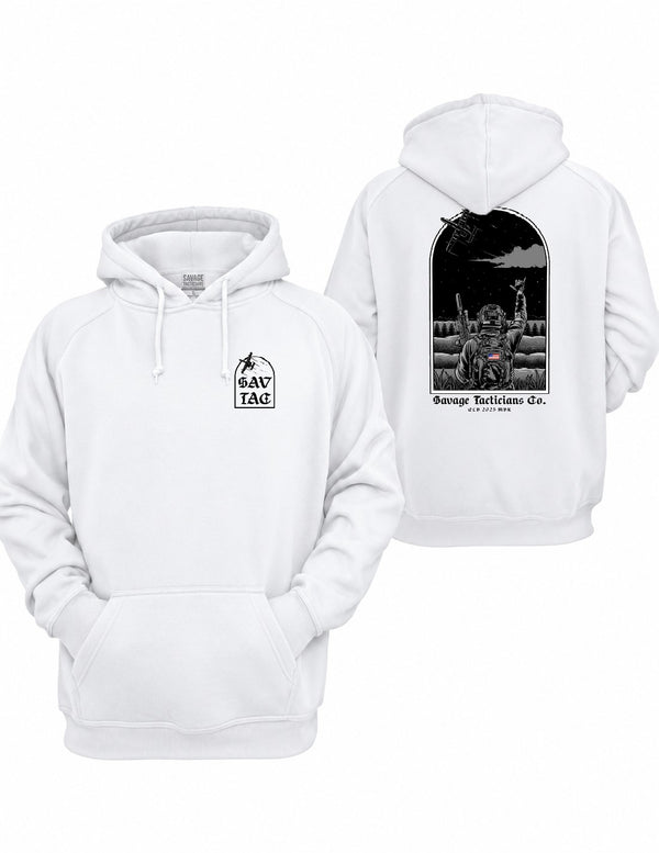 White CAS Graphic Hoodie by Savage Tacticians. Back print: a soldier in night-vision goggles with an American flag patch throwing the Shaka to an A-10 jet overhead presumed to have just provided Close Air Support inside an arched frame, Savage Tacticians Co. below; small matching Savage Tacticians logo on the left chest