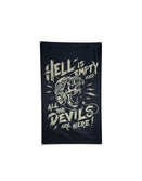 Savage Tacticians flag with skull in helmet and 'Hell is empty, all the devils are here' text