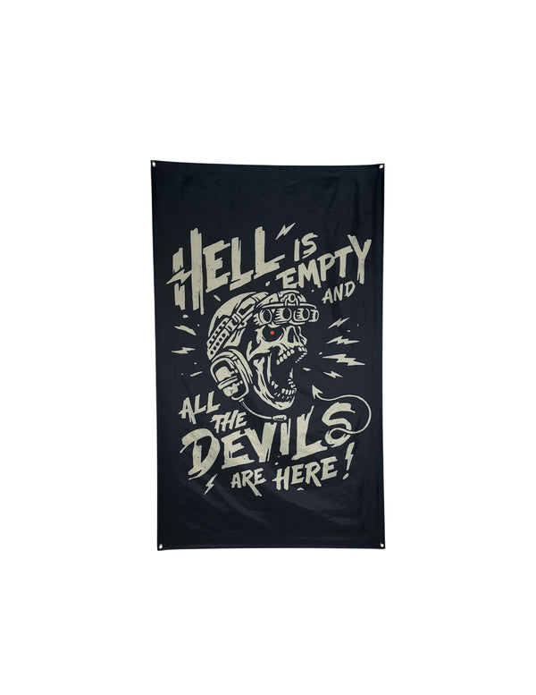 Savage Tacticians flag with skull in helmet and 'Hell is empty, all the devils are here' text