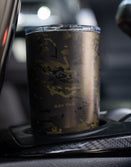 Savage Tacticians camo tumbler in car cup holder, travel drinkware with brand logo