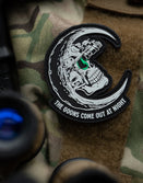 Savage Tacticians moon skull tactical patch with night vision design on camouflage vest