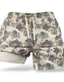 Savage Tacticians camo athletic shorts with drawstring and gun graphic design
