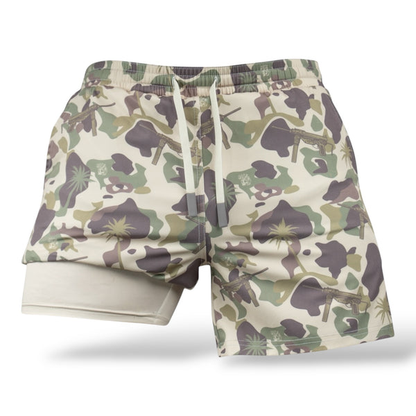 Savage Tacticians camo athletic shorts with drawstring and gun graphic design