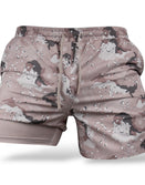 Savage Tacticians men's camo athletic shorts in pink and white, dual layer design