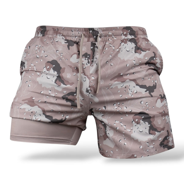 Savage Tacticians men's camo athletic shorts in pink and white, dual layer design