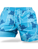 Savage Tacticians blue swim trunks with skeletal hand print design