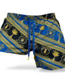 Savage Tacticians blue and gold patterned shorts with bold baroque design