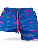 Savage Tacticians blue swim shorts with pink BRRRT print and airplane graphics