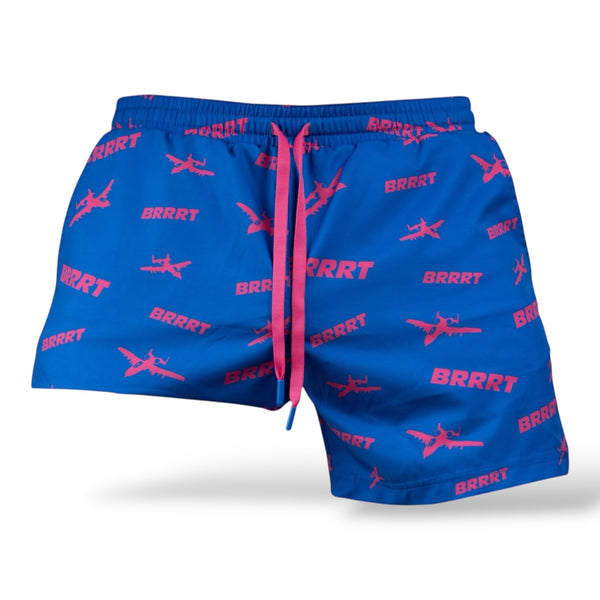 Savage Tacticians blue swim shorts with pink BRRRT print and airplane graphics