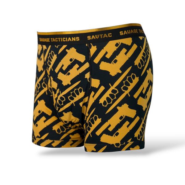 Savage Tacticians men's boxer briefs with gold tactical print and branded waistband