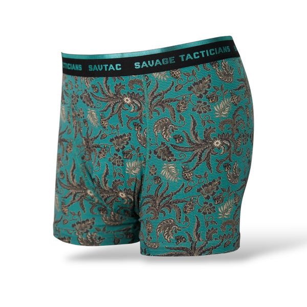 Savage Tacticians men's boxer briefs with teal floral pattern and branded waistband