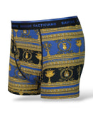 Savage Tacticians blue and gold boxer briefs with ornate baroque pattern and branded waistband
