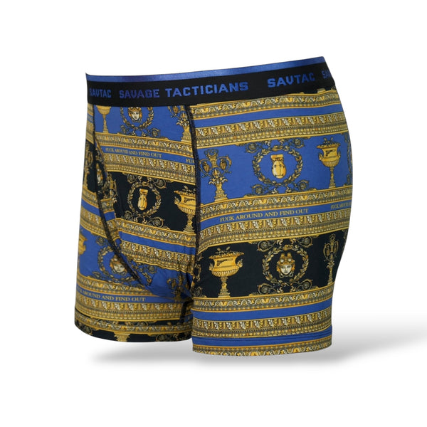 Savage Tacticians blue and gold boxer briefs with ornate baroque pattern and branded waistband