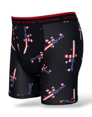 Savage Tacticians black boxer briefs with American flag rifle print and branded waistband