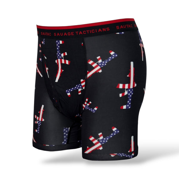 Savage Tacticians black boxer briefs with American flag rifle print and branded waistband