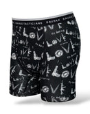Savage Tacticians men's black boxer briefs with white gun and ammo pattern, logo waistband