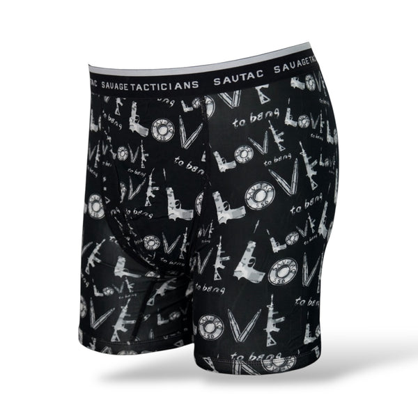 Savage Tacticians men's black boxer briefs with white gun and ammo pattern, logo waistband