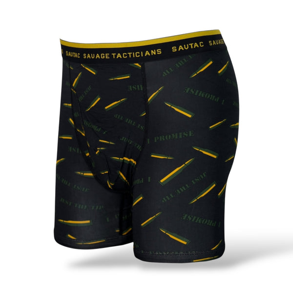 Savage Tacticians black boxer briefs with yellow bullet graphic and bold branded waistband