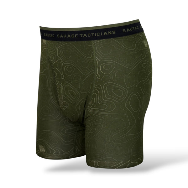 Savage Tacticians green boxer briefs with contour line pattern and branded waistband