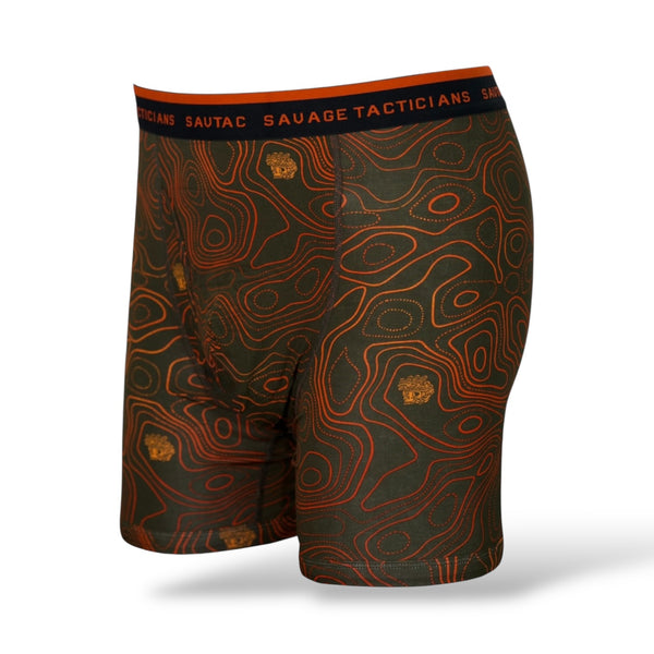 Savage Tacticians men's boxer briefs with orange topographic pattern and branded waistband