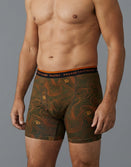 Male model wearing Savage Tacticians green topographic print boxer briefs