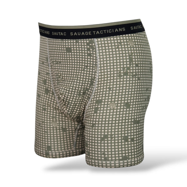 Savage Tacticians men's boxer briefs with grid camo pattern and branded waistband