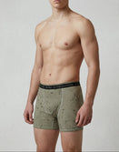 Male model wearing Savage Tacticians olive camo boxer briefs with branded waistband