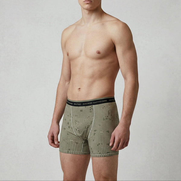 Male model wearing Savage Tacticians olive camo boxer briefs with branded waistband