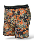 Savage Tacticians men's camo boxer briefs with orange, green, and black pattern