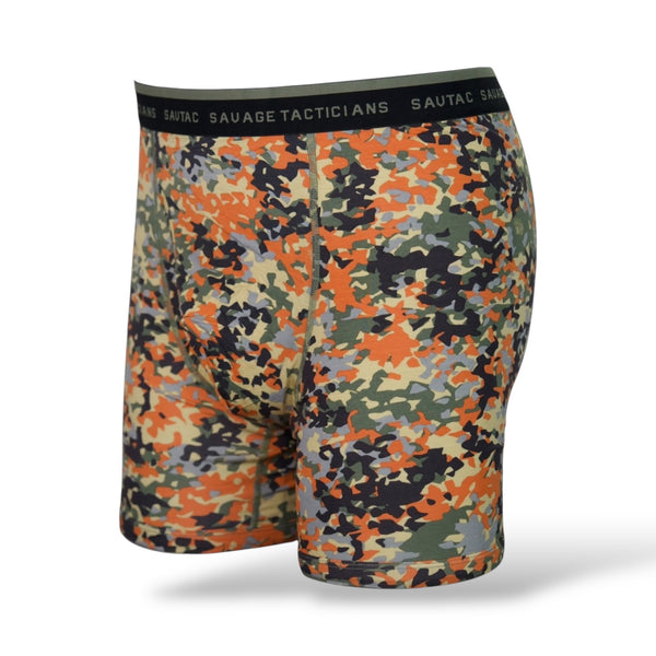 Savage Tacticians men's camo boxer briefs with orange, green, and black pattern
