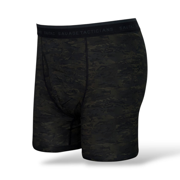 Savage Tacticians black camo boxer briefs with logo waistband on white background