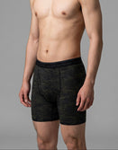 Male model wearing Savage Tacticians black camo boxer briefs on gray background