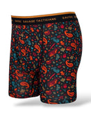 Savage Tacticians men's boxer briefs with colorful paisley and icon pattern on black