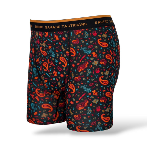 Savage Tacticians men's boxer briefs with colorful paisley and icon pattern on black