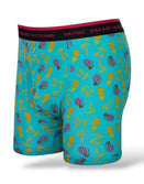 Savage Tacticians blue boxer briefs with pineapples, bananas, grenades, and palm trees print