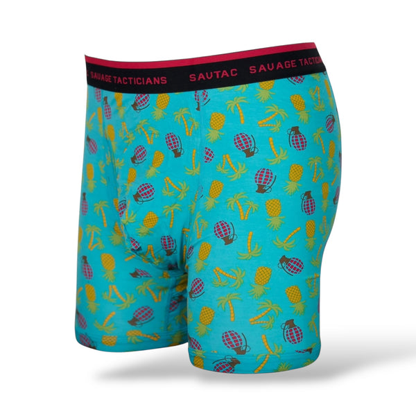 Savage Tacticians blue boxer briefs with pineapples, bananas, grenades, and palm trees print
