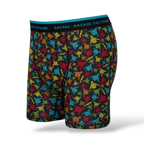 Savage Tacticians men's boxer briefs with colorful hand sign pattern and logo waistband