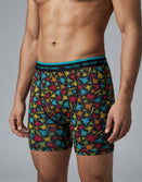 Male model wearing Savage Tacticians black printed boxer briefs with colorful hand signs