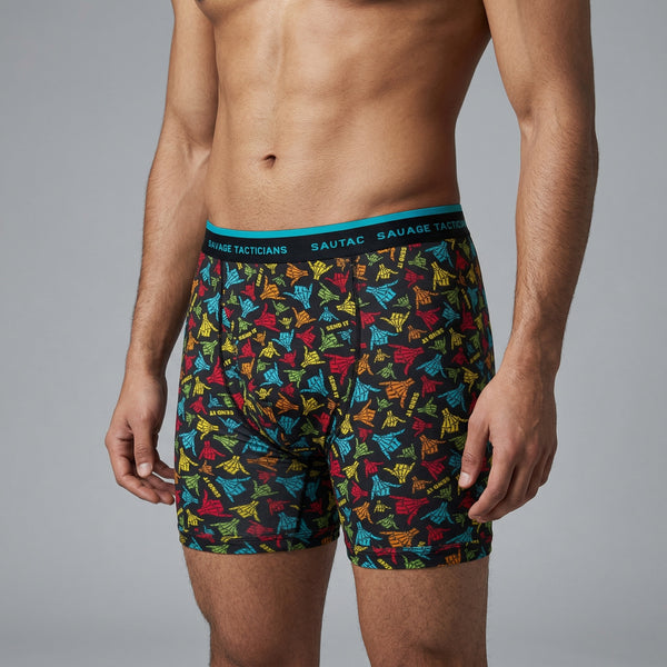 Male model wearing Savage Tacticians black printed boxer briefs with colorful hand signs