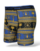 Savage Tacticians men's blue boxer briefs with ornate gold baroque pattern and branded waistband