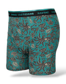 Savage Tacticians teal boxer briefs with black floral pattern and branded waistband