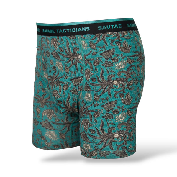 Savage Tacticians teal boxer briefs with black floral pattern and branded waistband
