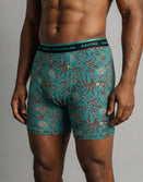 Savage Tacticians teal boxer briefs with floral pattern worn by male model