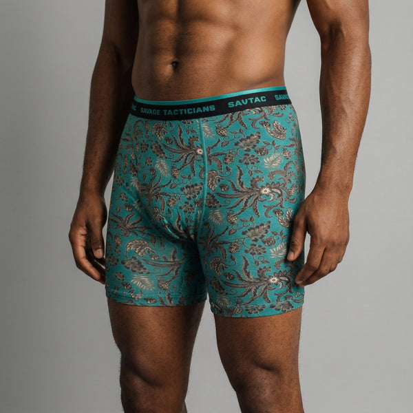 Savage Tacticians teal boxer briefs with floral pattern worn by male model