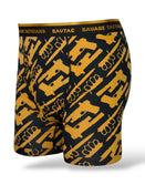 Savage Tacticians boxer briefs with yellow gun and brass knuckle pattern on black fabric