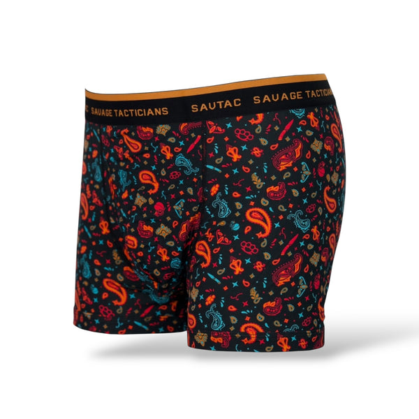 Savage Tacticians men's boxer briefs with colorful paisley print and branded waistband