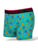 Savage Tacticians blue boxer briefs with pineapple, palm tree, and grenade pattern and branded waistband