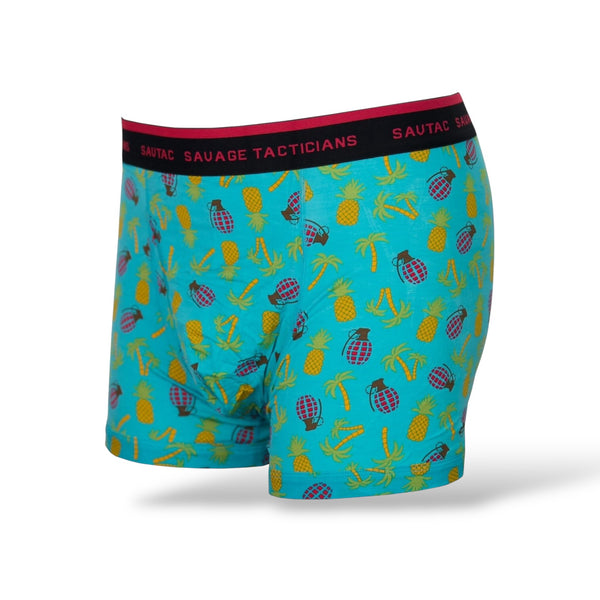 Savage Tacticians blue boxer briefs with pineapple, palm tree, and grenade pattern and branded waistband