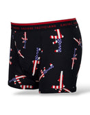 Savage Tacticians black boxer briefs with American flag rifle print and branded waistband